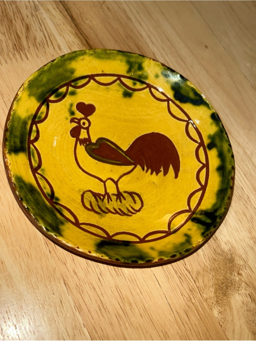 Breininger Pennsylvania Redware Plate 5.5” 1983 Slip Decorated Chicken Rooster
